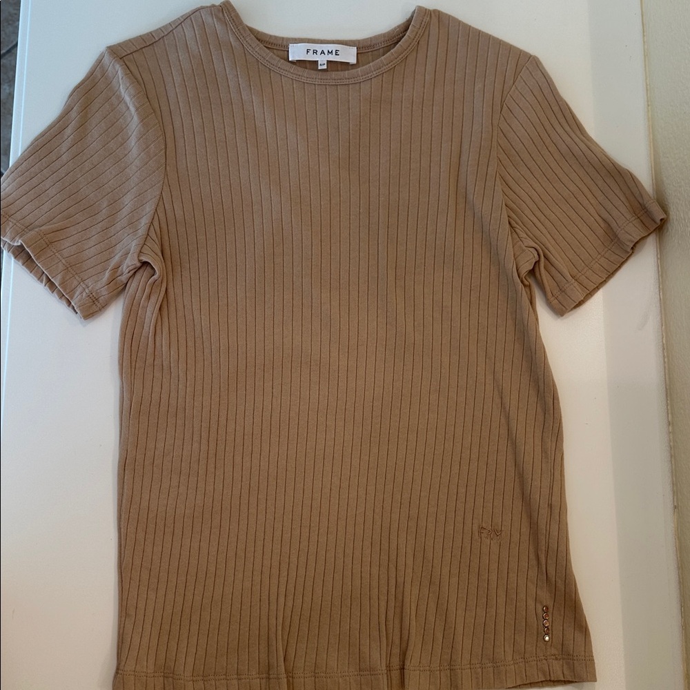 Frame Denim Ribbed Short-Sleeve Tee in Camel